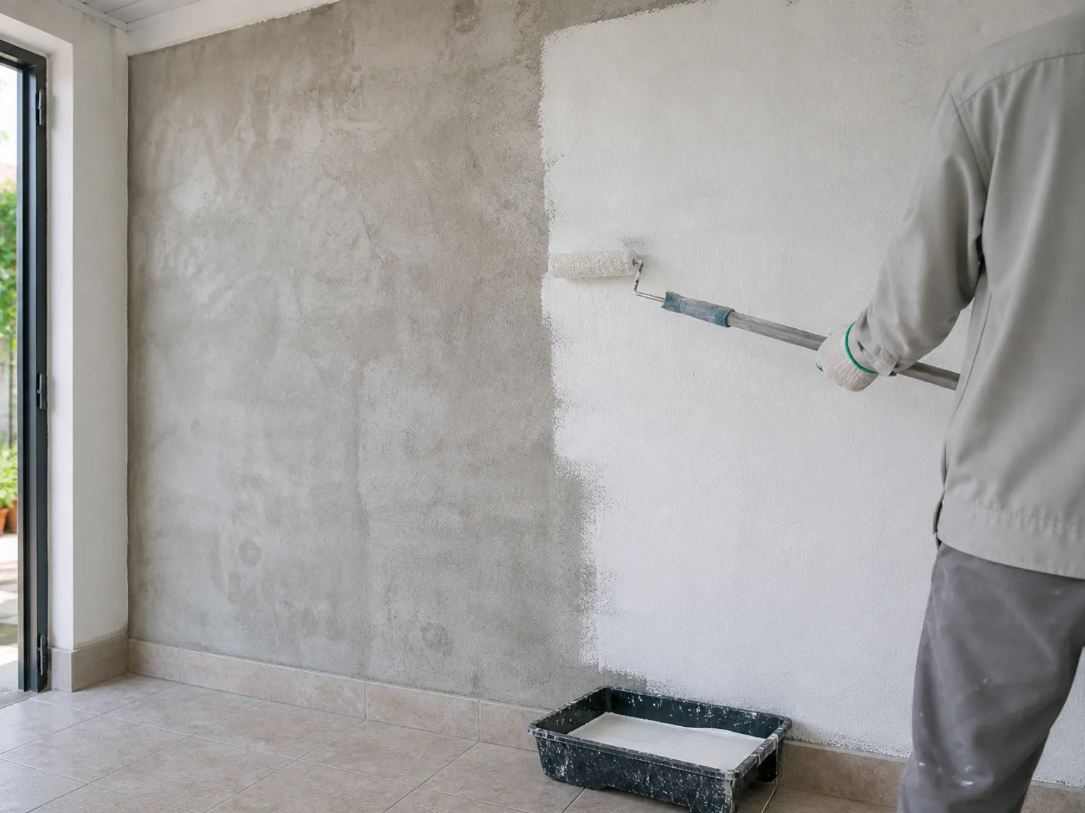 Tường xi măng trong nhà phố Việt Nam đang được lăn một lớp lót trắng đều