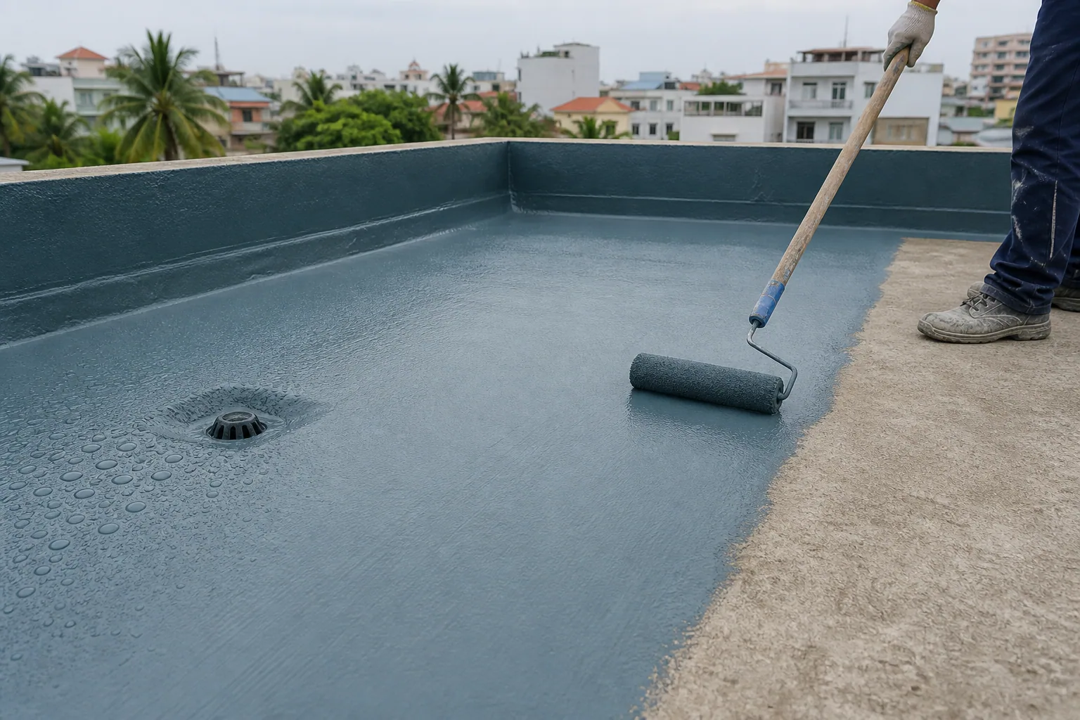 Thi công lớp chống thấm liền mạch trên sân thượng nhà phố Việt Nam