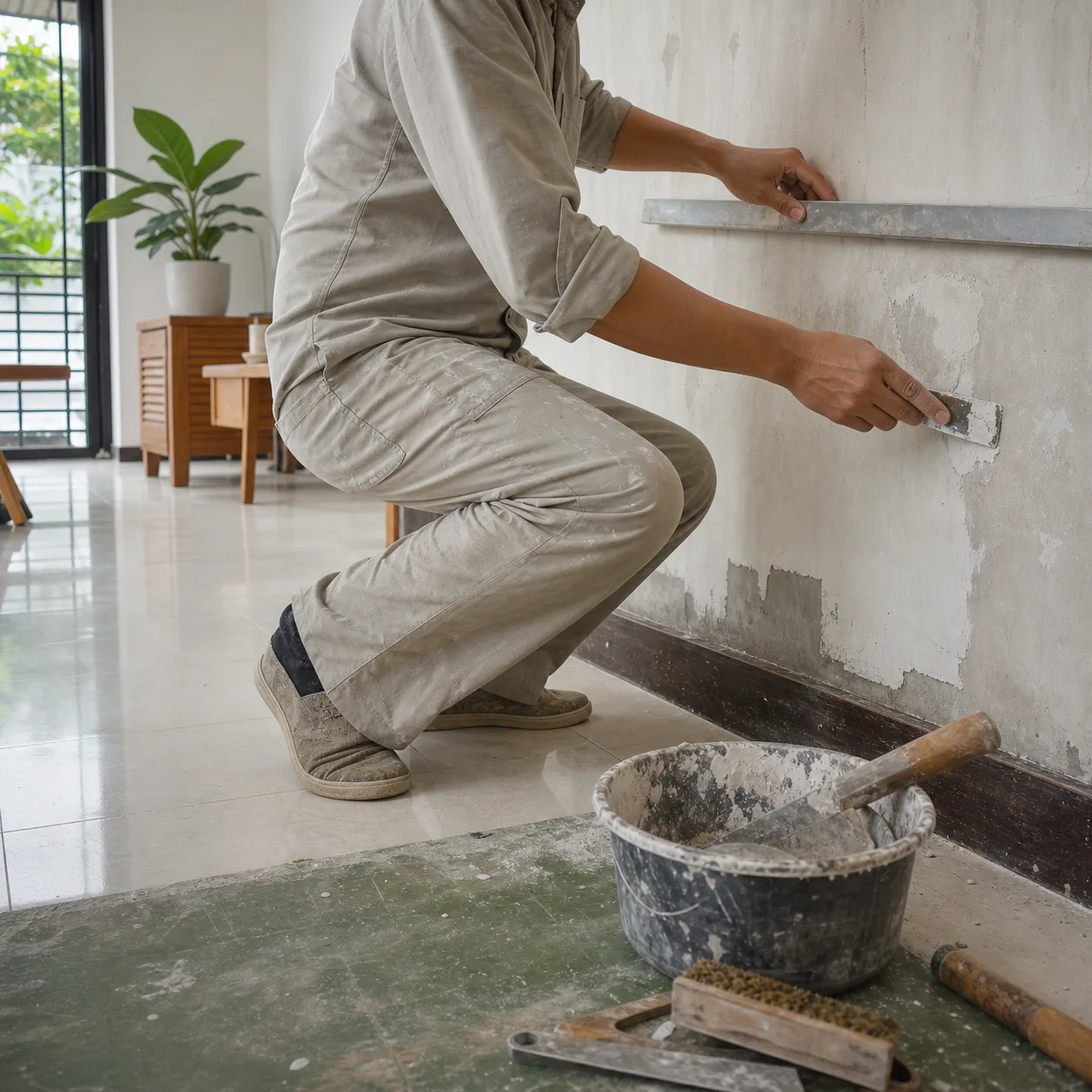 Thợ sơn kiểm tra độ phẳng và xử lý phần tường yếu trong nhà phố Việt Nam