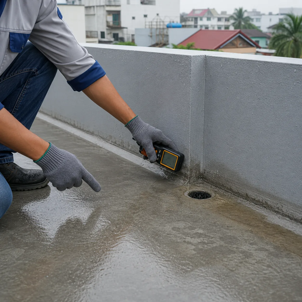 Kỹ thuật viên kiểm tra độ ẩm tại điểm giao giữa sàn và chân tường sân thượng nhà Việt Nam