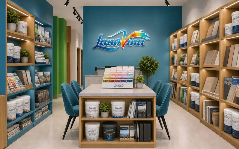 Showroom phân phối LanoVina với khu tư vấn, bảng màu và sản phẩm trưng bày