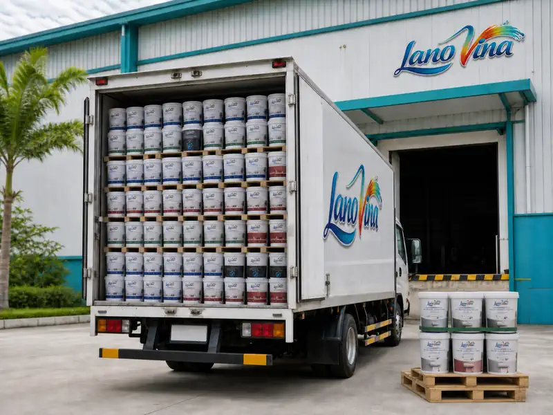 Xe tải chở sản phẩm LanoVina tại khu vực xuất hàng của nhà máy