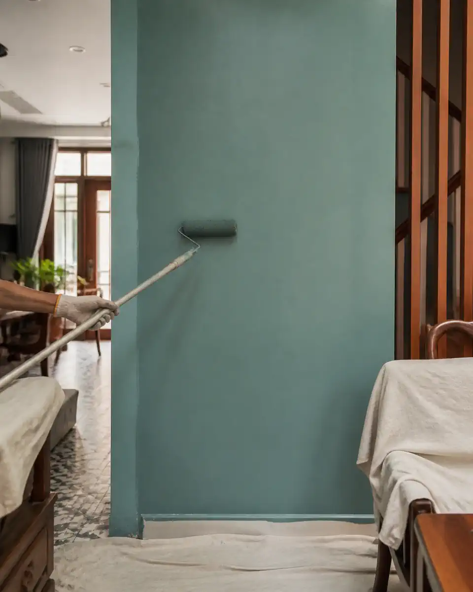 Lăn lớp sơn màu hoàn thiện cho tường nội thất nhà ở Việt Nam
