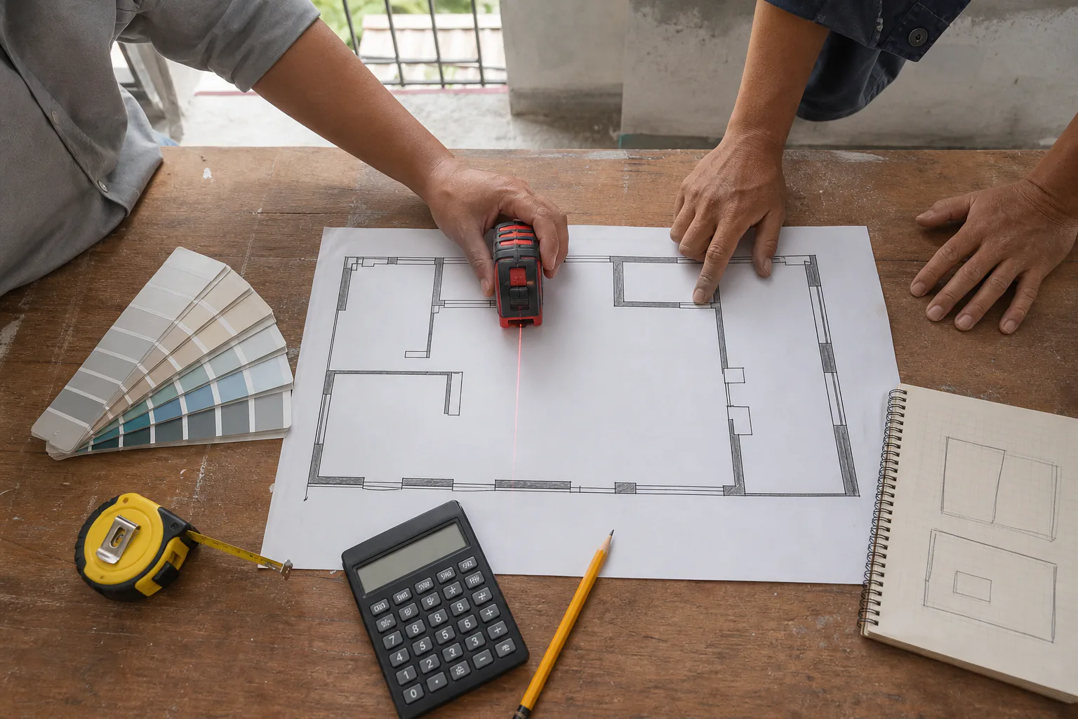 Bản vẽ, thước đo và máy tính dùng để ước tính diện tích cần sơn