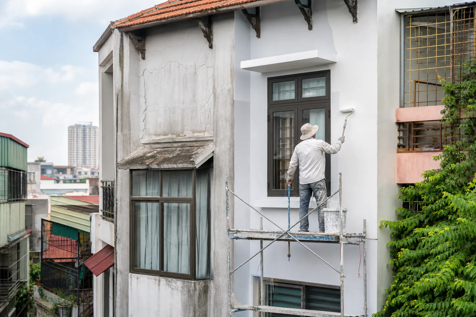 Người thợ thi công trên mặt tiền nhà phố Việt Nam có phần tường cũ và phần vừa hoàn thiện