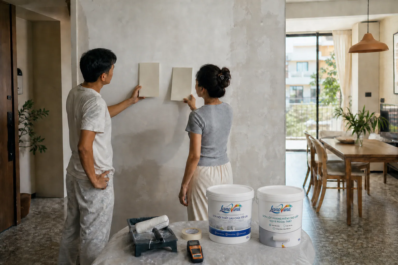 Chủ nhà và người thợ đánh giá hiện trạng tường, mẫu màu và dụng cụ trước khi chọn hệ sơn nội thất