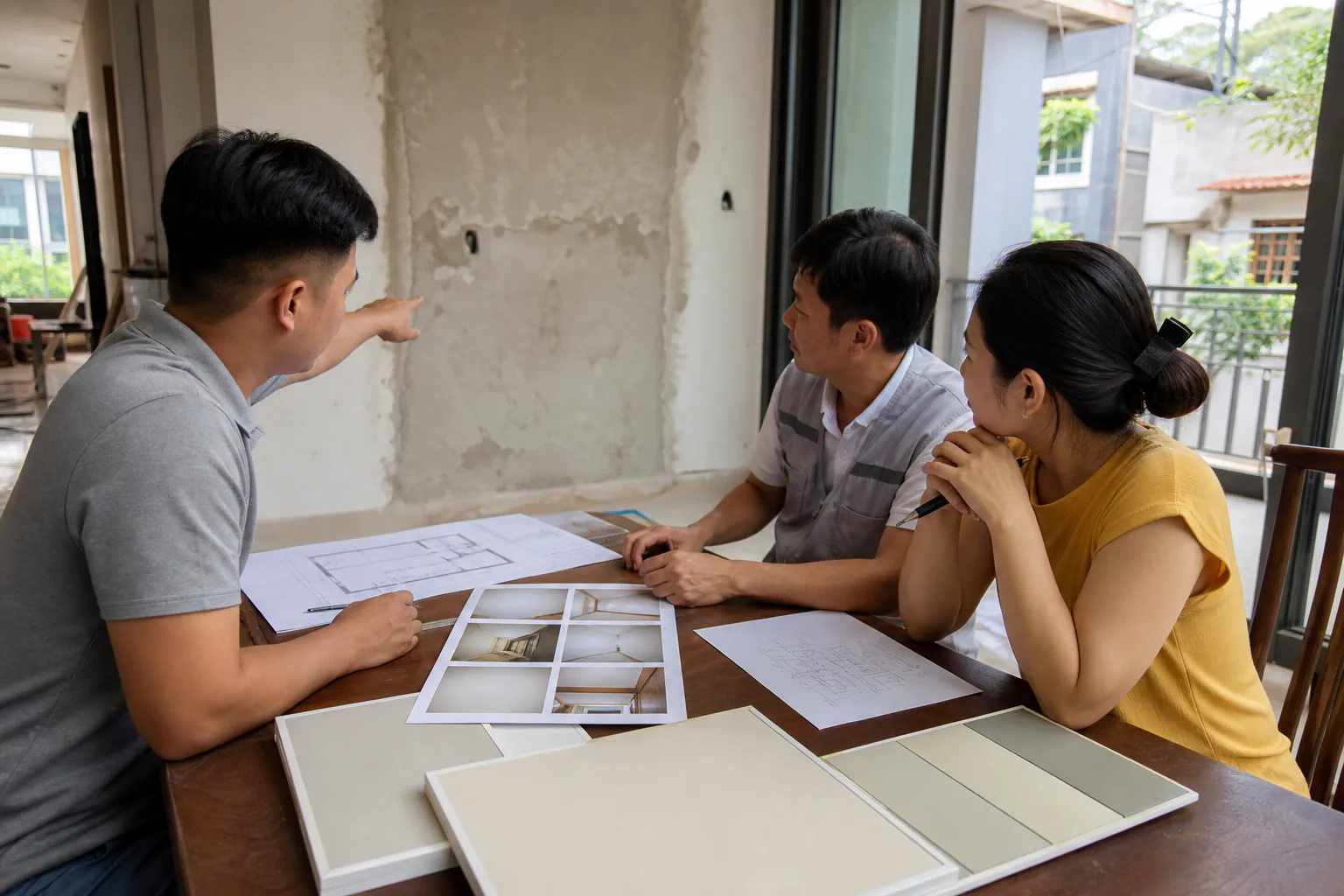 Chủ nhà, người thợ và tư vấn viên rà hiện trạng tường, bản vẽ và mẫu hoàn thiện
