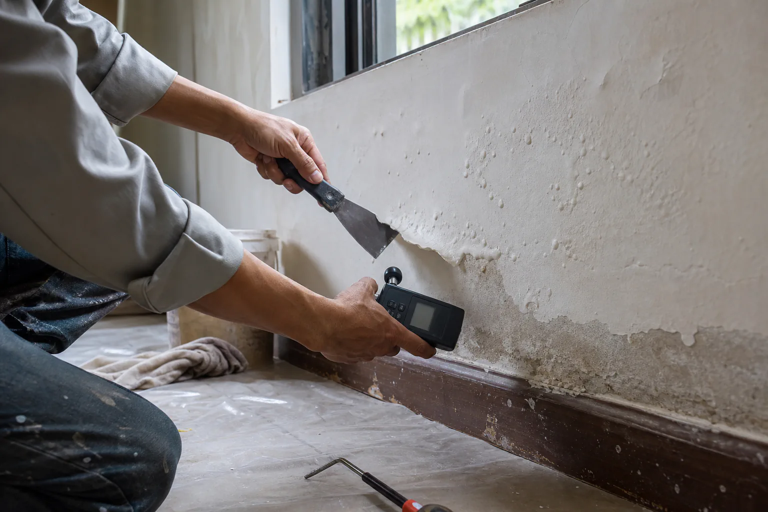 Kỹ thuật viên kiểm tra độ ẩm và lớp sơn phồng rộp ở chân tường