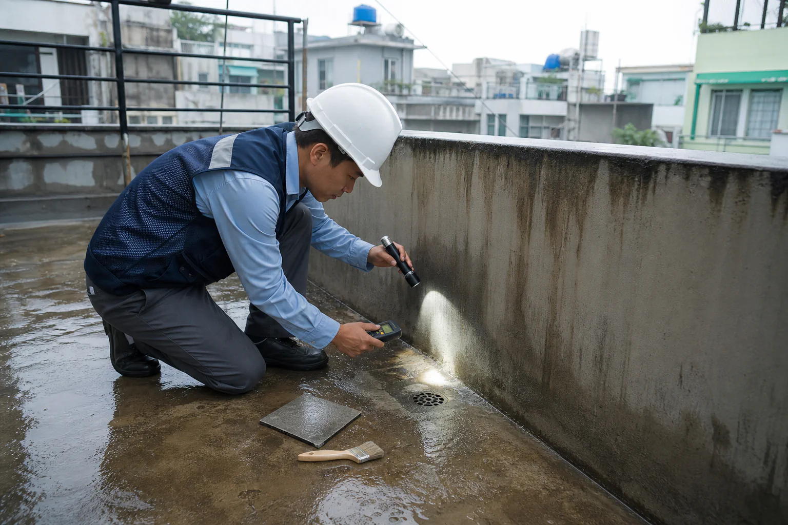 Kỹ thuật viên kiểm tra đường nước tại chân tường và miệng thoát sàn mái