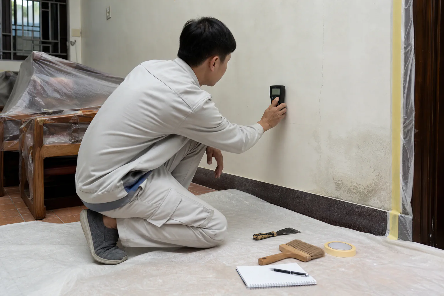 Người thợ đo độ ẩm và kiểm tra vết nứt trên tường trước khi thi công