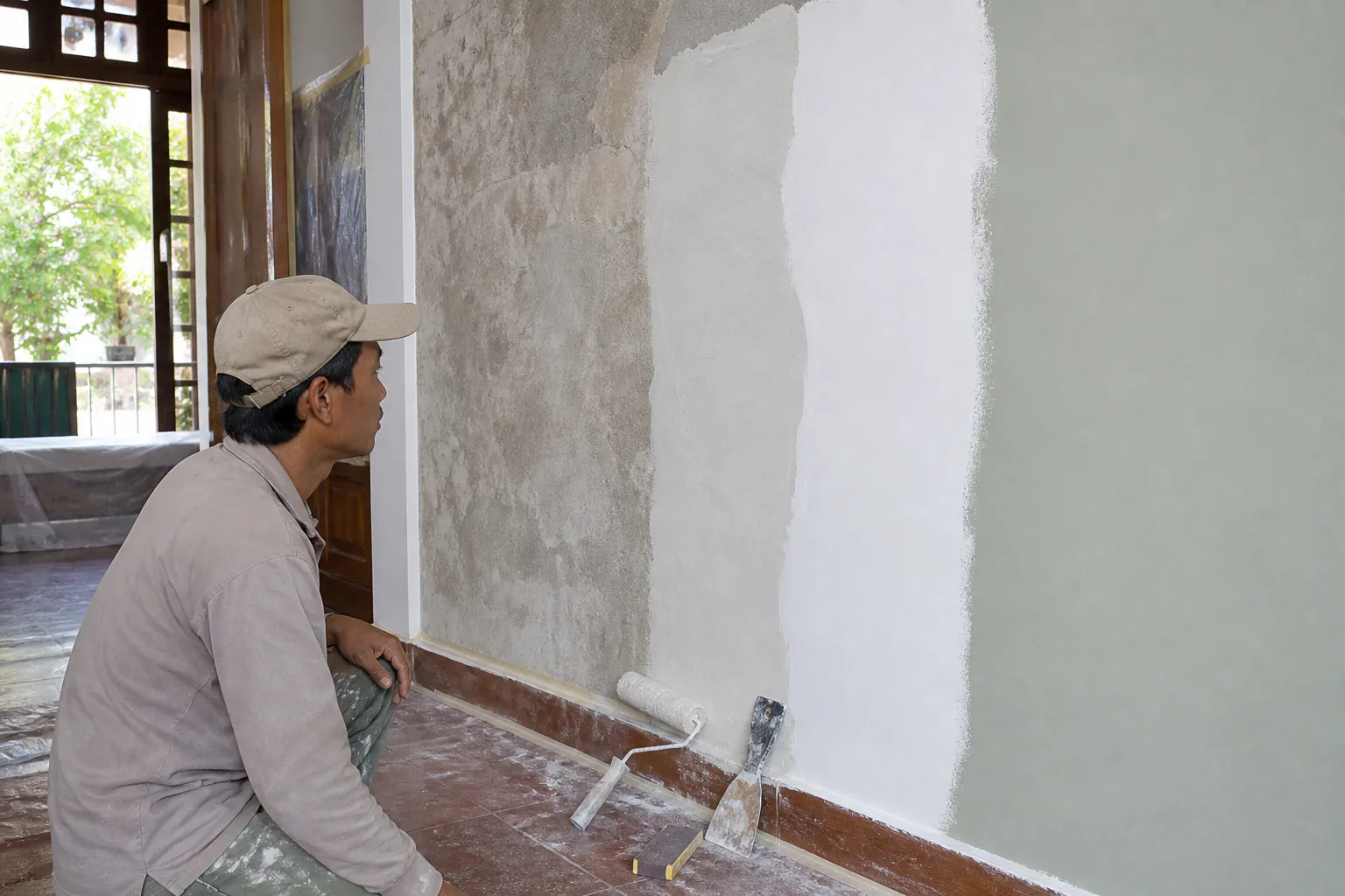 Người thợ kiểm tra các lớp nền, bột trét, sơn lót và sơn phủ trên tường