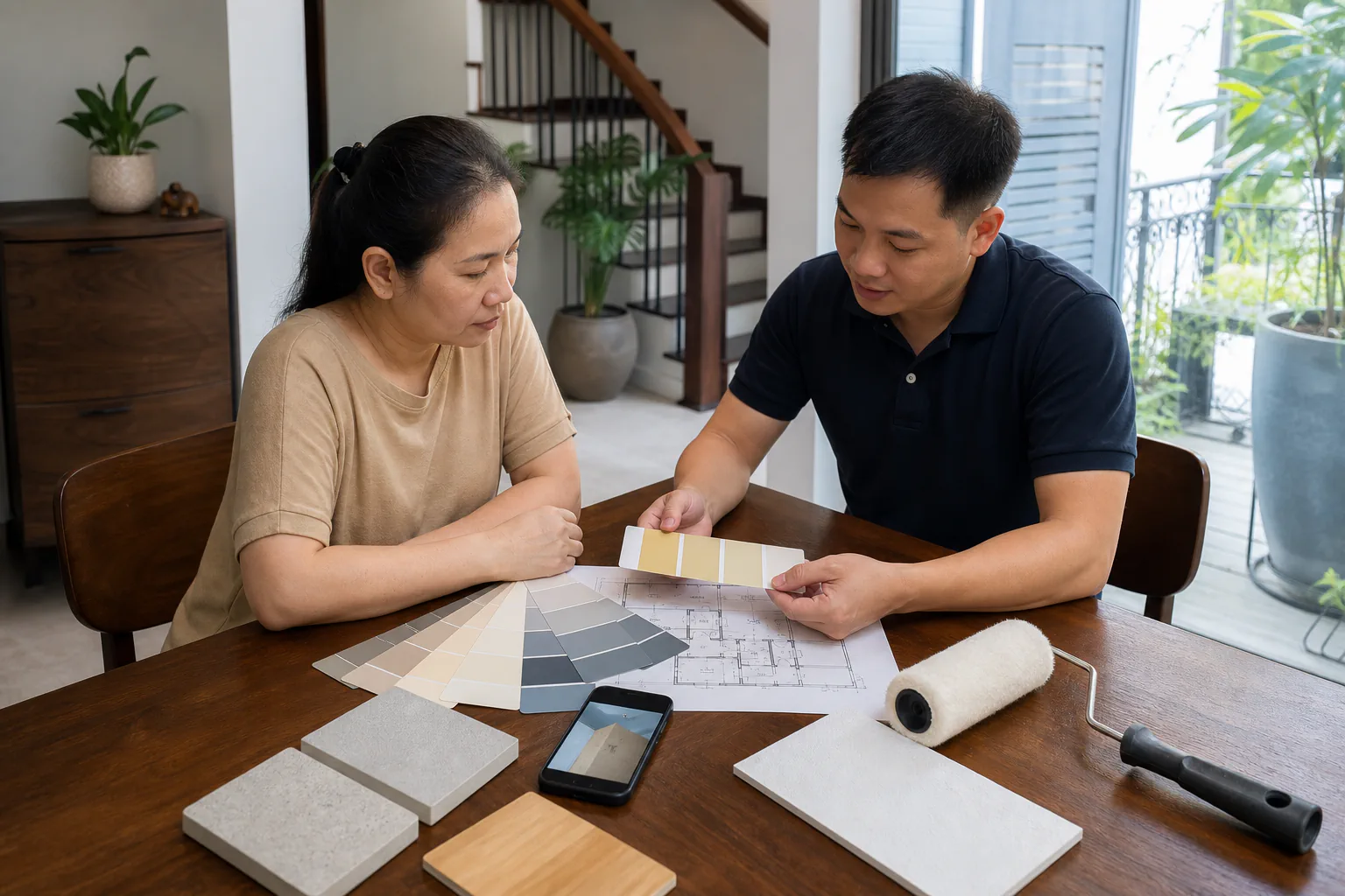 Chủ nhà và tư vấn viên xem mẫu màu, bản vẽ và hiện trạng tường tại nhà Việt