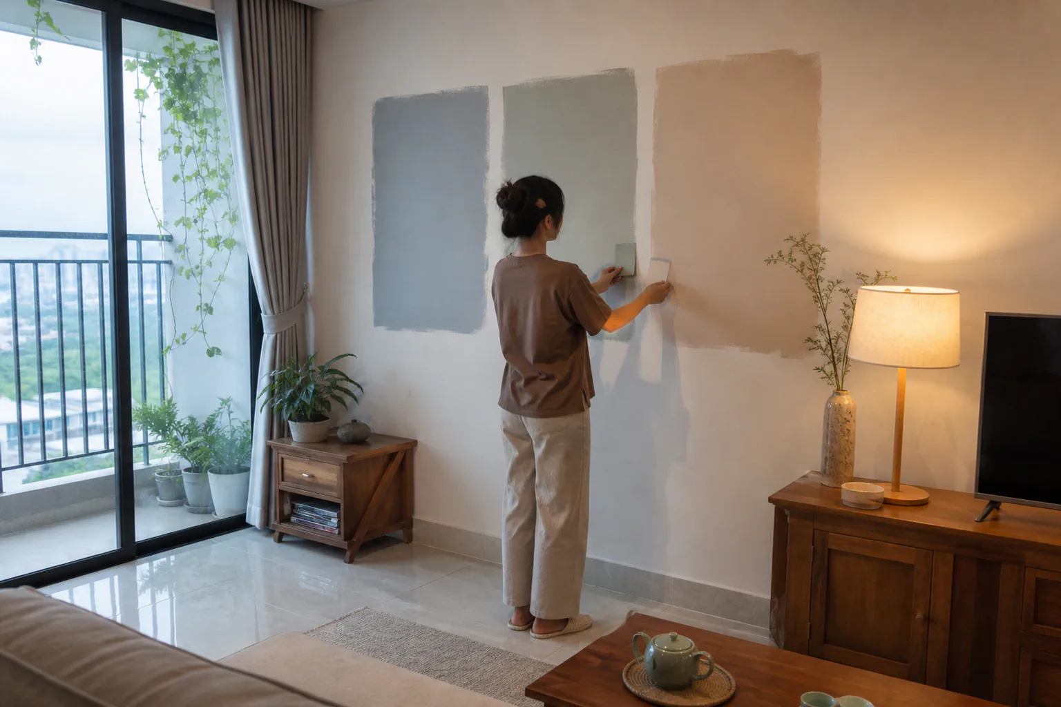 Chủ nhà so sánh mẫu màu thật dưới ánh sáng tự nhiên và ánh đèn trong phòng