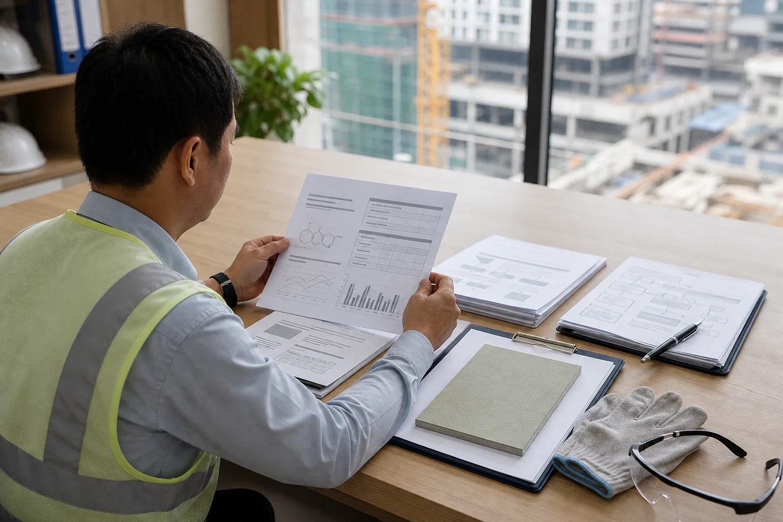 Kỹ sư xem tài liệu kỹ thuật, báo cáo thử và mẫu lớp phủ tại công trình